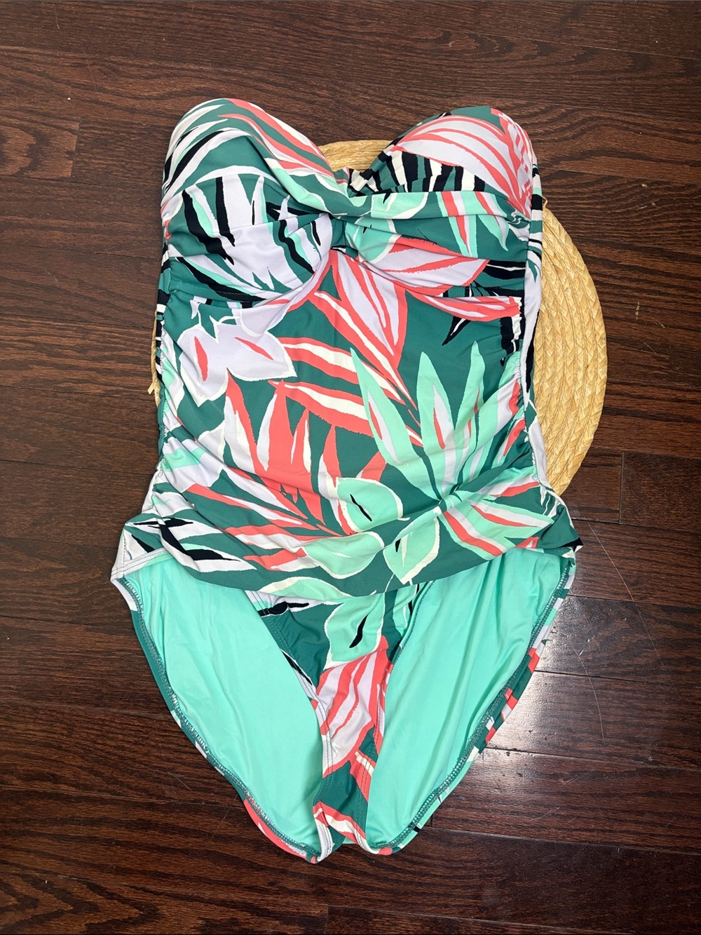 Ann Cole  Tropical Leaf One-Piece Tummy Tuck Swimsuit in Green and Coral